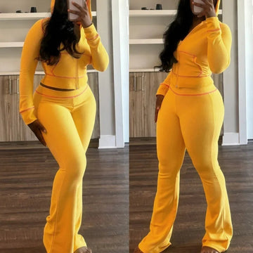 Waffle Texture Striped Women's Two Piece Sets Casual Long Sleeve Hooded Matching Set