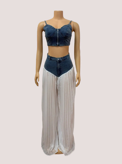 2 Piece Sets Women Sexy Denim Camisole Pleated Wide Leg Pants + Vest Floor Length Suit Summer