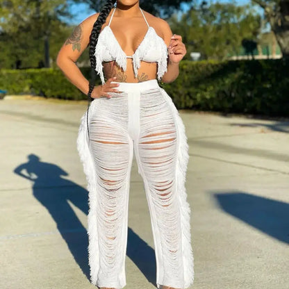 Tassel Knitted Pants Two Piece Set Resort Outfit Vacation Outfit Beach Cover Up