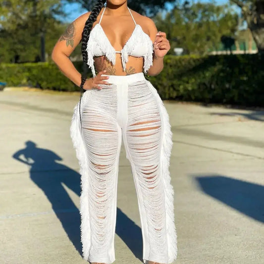 Tassel Knitted Pants Two Piece Set Resort Outfit Vacation Outfit Beach Cover Up