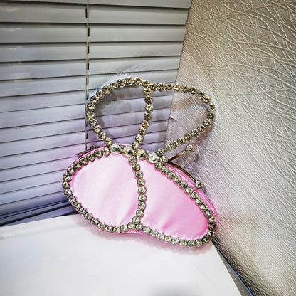 White Rhinestone Pink Butterfly Wedding Evening Clutches Party Prom Purse
