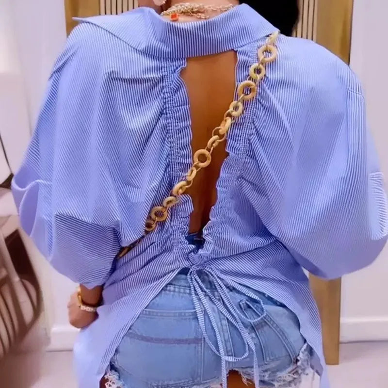 Women's Striped Back Hollow-out Split Drawstring Strap Half Sleeves Loose Shirt Top
