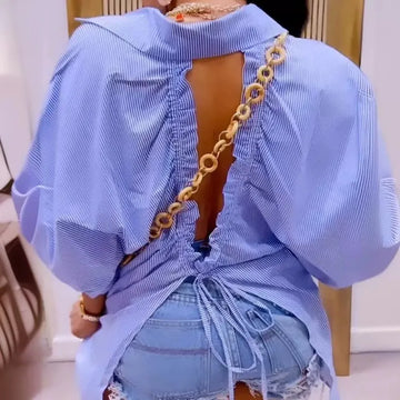 Women's Striped Back Hollow-out Split Drawstring Strap Half Sleeves Loose Shirt Top