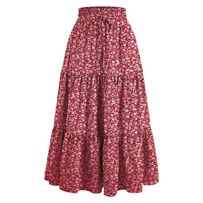 Women'S Boho Vintage Floral Print Maxi Skirt Elastic High Waist Pleated Flowy A Line Long Skirts