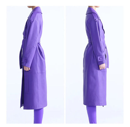 Elegant Purple Colored Faux Leather Trench Coat for Women Sashes Runway Coat