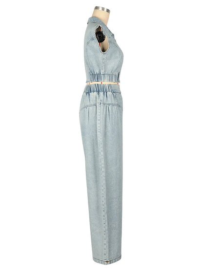 Elegant Denim Women Sleeveless Zipper Crop Top and Wide Leg Pants Two Piece Set