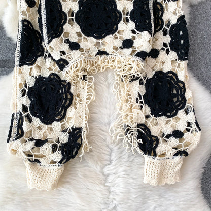 Sunscreen Hook Summer Knit Top Women Elegant O Neck Hollow Out Lantern Sleeve Ladies Vacation Tassel Beach Blouse