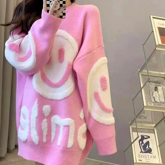 Thickened Versatile Smiling Face Pink Sweater Warm Christmas Sweater