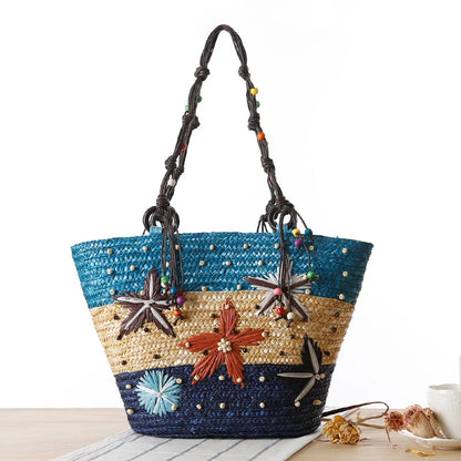 Bohemian Hand Embroidered Starfish Straw Woven Bag Beaded Handbags For Ladies