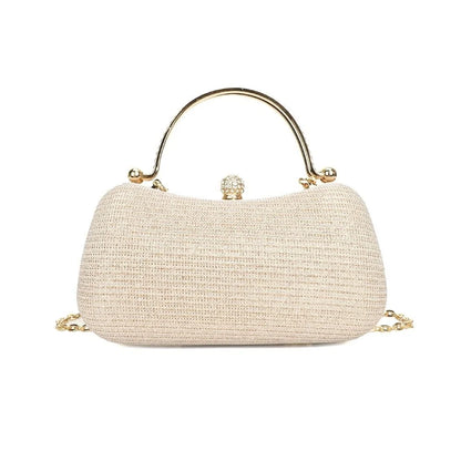Gold Bright Silk Circular Evening Bag Women Banquet Clutch Rhinestone Chain Shoulder Bags
