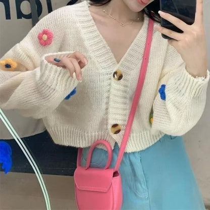 Colorful Flower Cardigan for Women Cute Long Sleeve V-neck Knit Crop Sweater