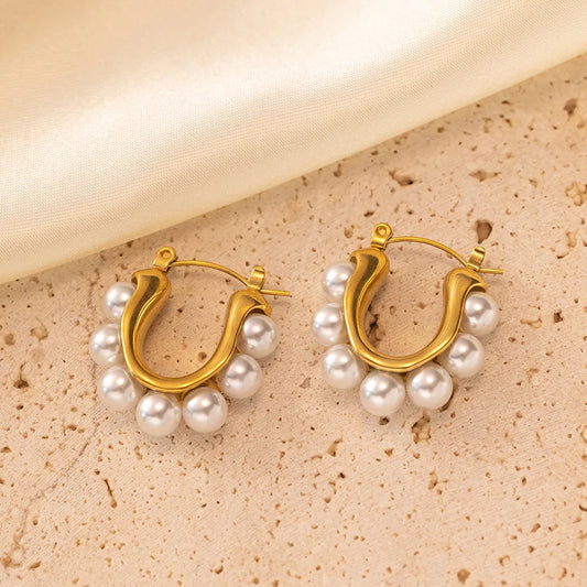 Stainless Steel Gold Plated Temperament Gorgeous Pearl Hoop Earrings For Women