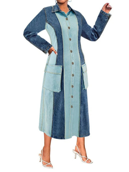 Plus Size Denim Dresses Women Long Sleeve Casual Button Pockets Striped Maxi Dress