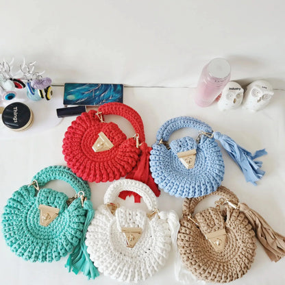 Bohemian Women's Solid Color Hook Knit Bag Round Fringed Small Crossbody Bag Soft Material