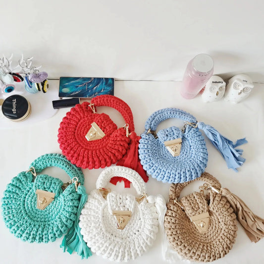 Bohemian Women's Solid Color Hook Knit Bag Round Fringed Small Crossbody Bag Soft Material