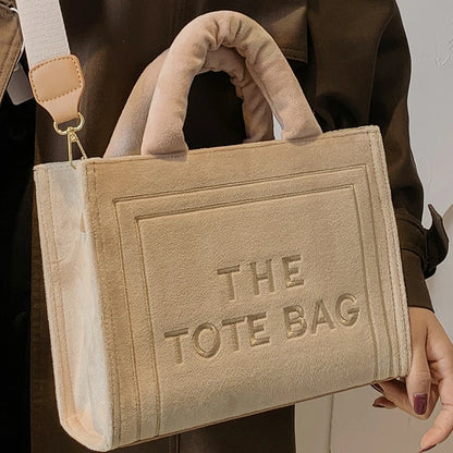 Women's Khaki Velour Tote Bag Original Letter Print Shopper Handbag