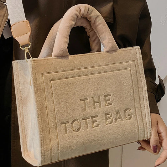 Women's Khaki Velour Tote Bag Original Letter Print Shopper Handbag