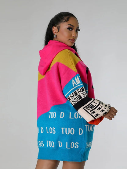 Autumn and Winter Hooded Drawstring Long Sleeves Color Matching Letters Loose Long Sleeves Women's Sweater Jumper