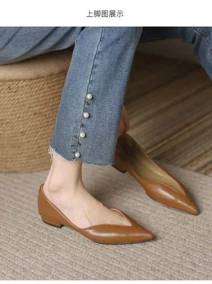 French Pointed Leather Shoe Simple Comfort Sheepskin Elegant Low Heel Shoes
