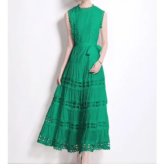 Sexy Hollow Out Embroidery O Neck Sleeveless Long Dresses Chic Evening Party Summer Dress