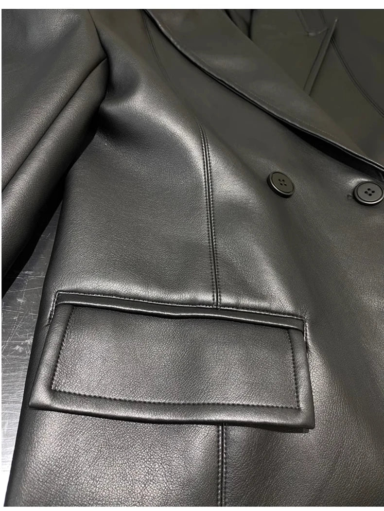 Autumn Extra Long Black Trench Coat for Women Shoulder Pads Faux Leather Blazer