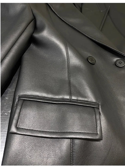 Autumn Extra Long Black Trench Coat for Women Shoulder Pads Faux Leather Blazer