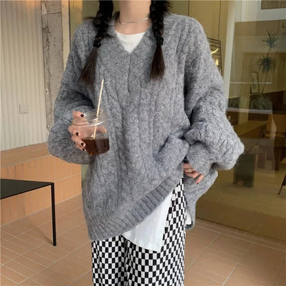 Harajuku Women Sweater Cute Oversized Knitted Pullover V Neck Sweater