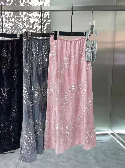 French Velvet Fishtail Skirt Sequin Beaded Embroidery Skirt