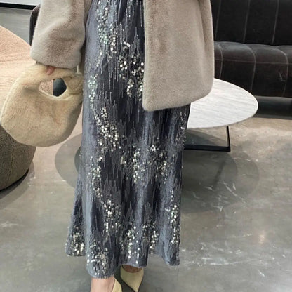 French Velvet Fishtail Skirt Sequin Beaded Embroidery Skirt