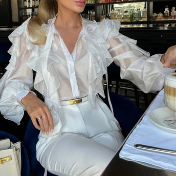 Women Ruffles Shirt Blouses Office Wear Long Lantern Sleeves Sheer Mesh Fabric Blouse