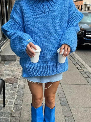 Solid Knit Turtleneck Double Lantern Sleeve Women Pullover Thick  Oversized Loose Sweater