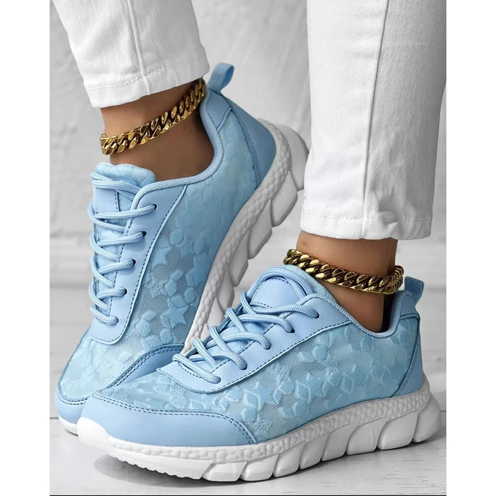 Women Star Pattern Lace-up Breathable Sneakers Daily Casual Round Toe White Sports Shoes Running Shoes