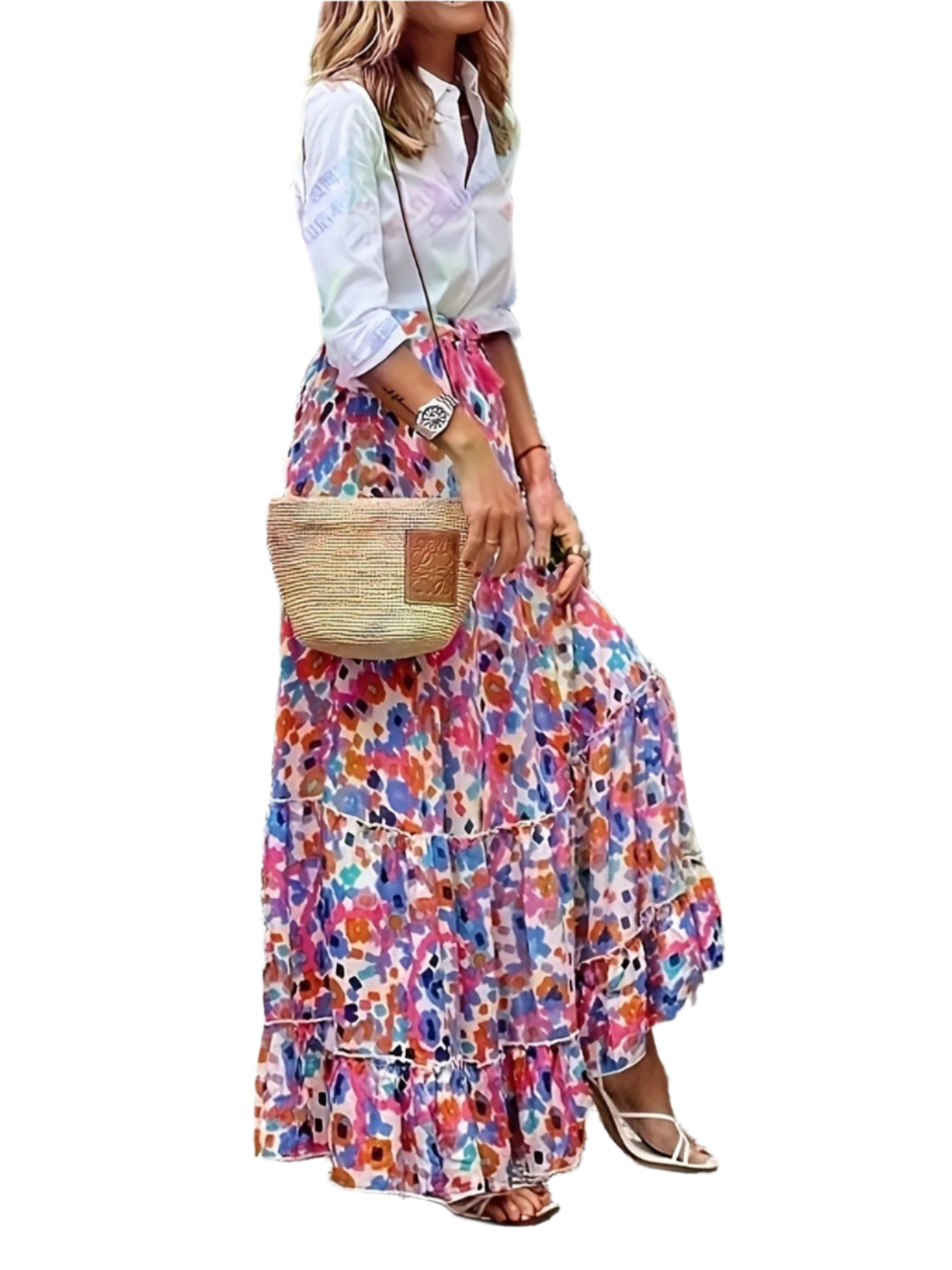 Bohemian Style Printed A-line Skirt Women Fashion Beach Vacation Loose Drawstring Ruffles Skirts Female  Summer New Streetwear
