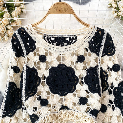 Sunscreen Hook Summer Knit Top Women Elegant O Neck Hollow Out Lantern Sleeve Ladies Vacation Tassel Beach Blouse