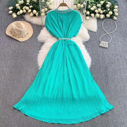 Summer Luxury Pearls Long Chiffon Dress For Women Loose Big Size Short Sleeve Crystal Birthday Evening Midi Pleated Dresses