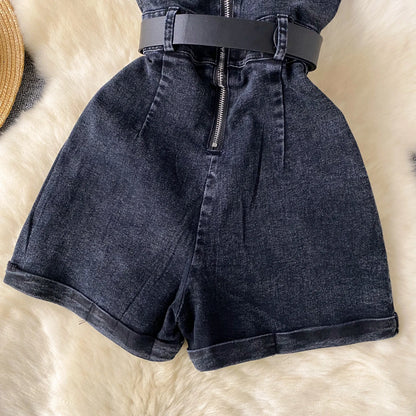 Women Denim One Pieces Summer Playsuit High Waist Slim Sleeveless Strapless Sashes Outfits
