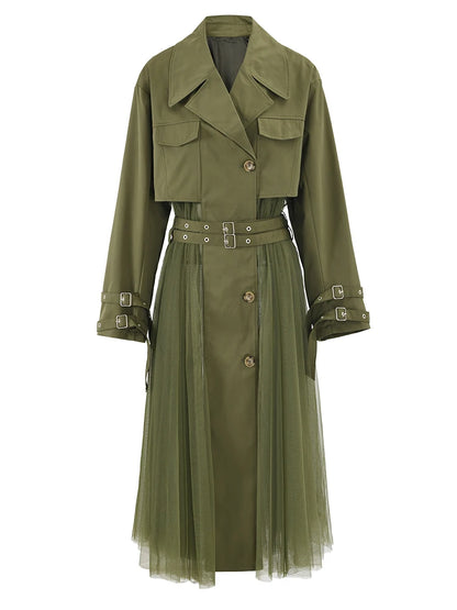 Vintage Gauze Patchwork Windbreaker Women Lapel Double Belt Gathered Trench Coat