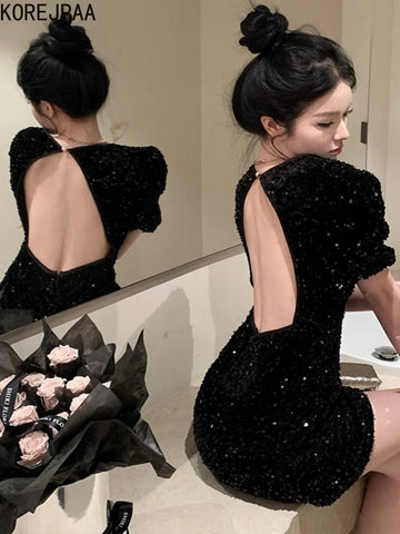 Backless Sequin Short Sleeve Slim Waist Evening Dress for Women