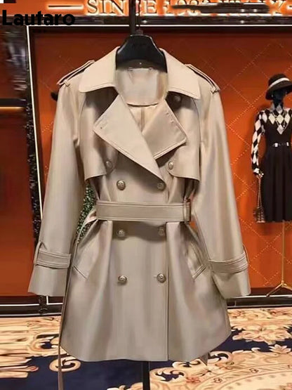 Autumn Khaki Satin Trench Coat for Women British Style Belted Double Breasted Coat
