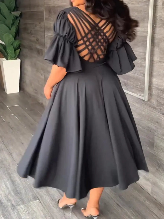 Vintage Women Criss Cross Open Back Lantern Half Sleeve V-neck Big Swing Dress