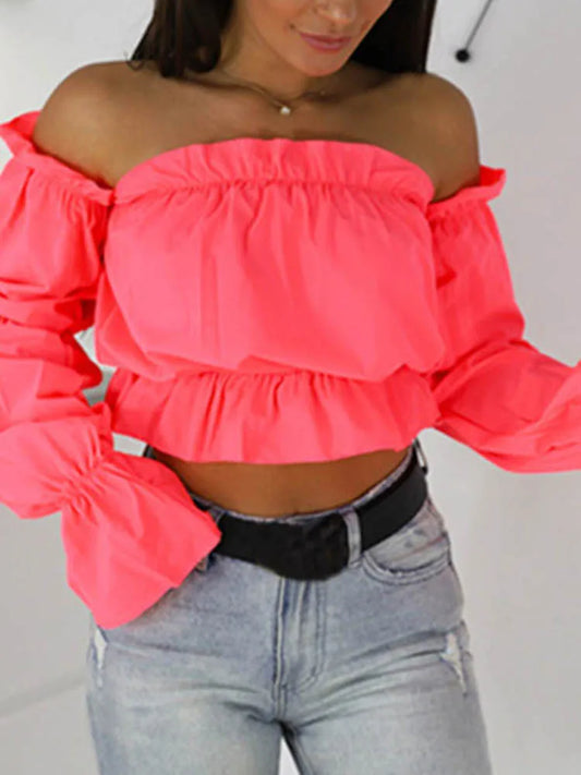 Candy Color Off Shoulder Crop Tops women Summer lantern sleeve blouse