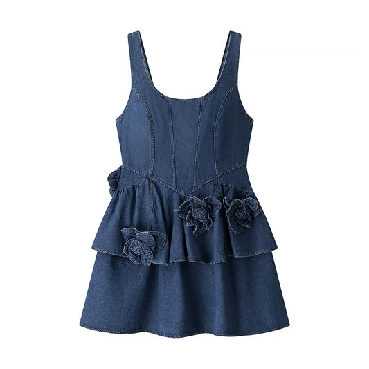 3D Flower Double Layer Denim Mini Dress Waist Sinching Mini Dress