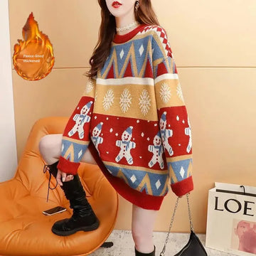 Christmas Sweater Women's Medium-Length Winter Loose-Fit Thickened Knit Pullover
