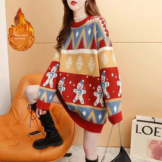 Christmas Sweater Women's Medium-Length Winter Loose-Fit Thickened Knit Pullover