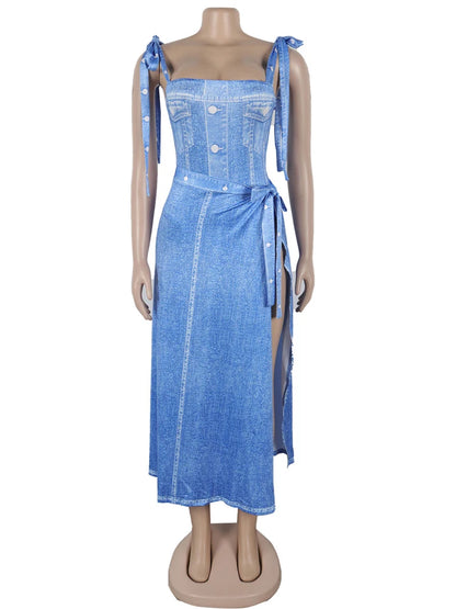 Beautiful Blue Denim Print Monokini Skirt Set Two-Piece Set New Chic High Slit Bandage Matching Set Vacation Outfits