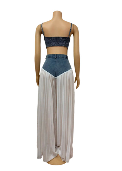 2 Piece Sets Women Sexy Denim Camisole Pleated Wide Leg Pants + Vest Floor Length Suit Summer