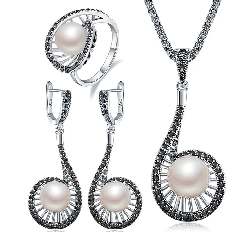 Vintage Pearl Jewelry Set For Women White Pearl Drop Earrings Long Pendant Necklace