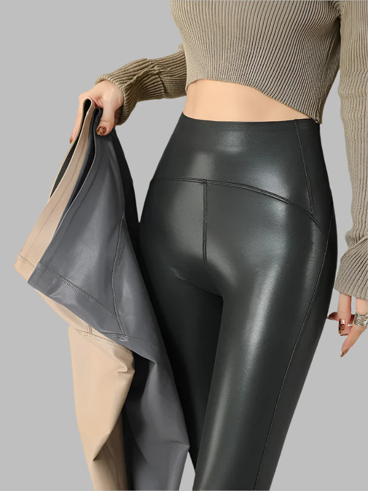 High-Grade Fleece PU Leather High Waist Hip Lift Leggings Women
