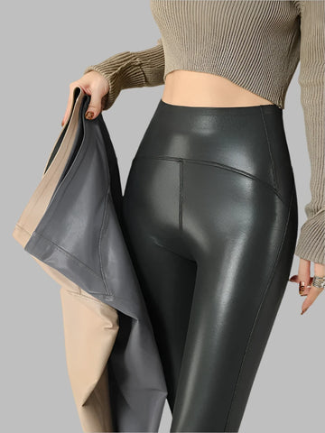 High-Grade Fleece PU Leather High Waist Hip Lift Leggings Women