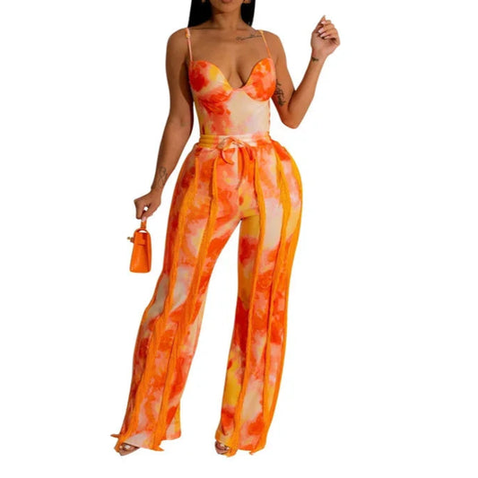 Tie Dye Printing Two Piece Set for Women Pant Sets Birthday Outfits Clubwear Bodysuit Top and Fringe Tassel Pants Matching Sets